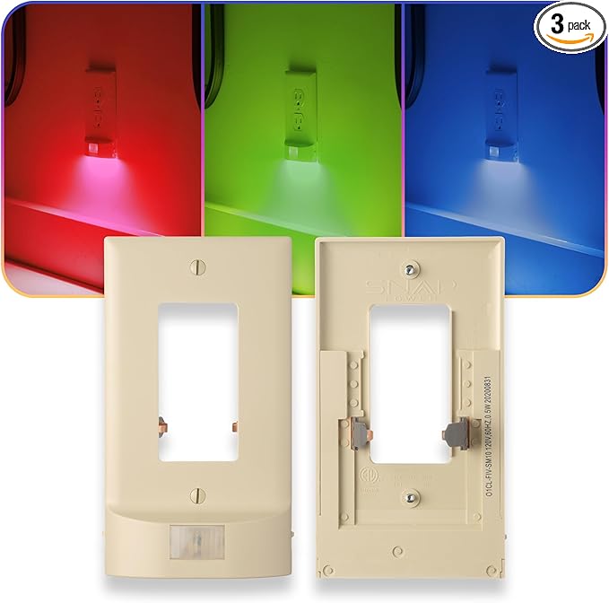 3 Pack - SnapPower Multi-Color GuideLight – Outlet Cover RGB Lights, Customizable Ambient Lighting/Mood Lighting for Home, Kitchen, Gaming Room, Kids Bedroom, Nursery, Holiday Decor (Ivory, GFCI)
