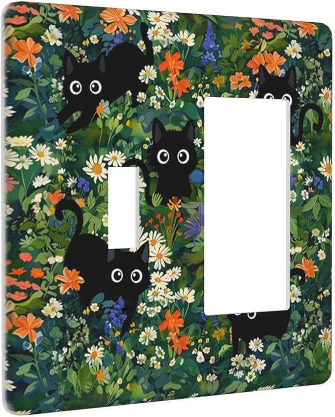 Cute Cool Funny Black Boho Cat 2 Gang Combination 1-Toggle 1-Decorator/Gfci Device Wall Plates Fun Cartoon Kid Boy Girl Forest One Rocker with Toggle Combo Light Switch Plates and Socket Outlet Covers