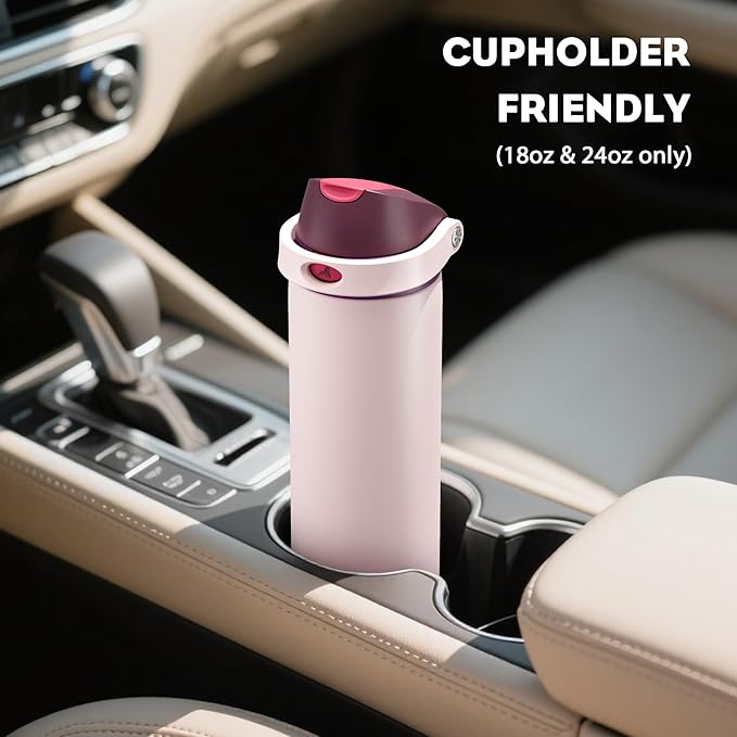 POWCAN 18 oz Stainless Steel Water Bottle: 2-in-1 Push-Button Spout & Quick-Flip Straw, Leakproof, Cold 24 Hrs, Fits Car Cup Holder, Insulated Bottle for Gym, School, Travel, Outdoor Gift (Plum Field)