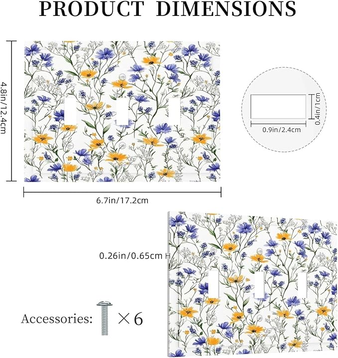 Decorative Switch Plates Floral Colorful Green Leaf Wildflower 3 Gang Wall Plate Triple Toggle Light Switch Cover Faceplate Electrical Wall Panels For Bed Room Living Room Decor