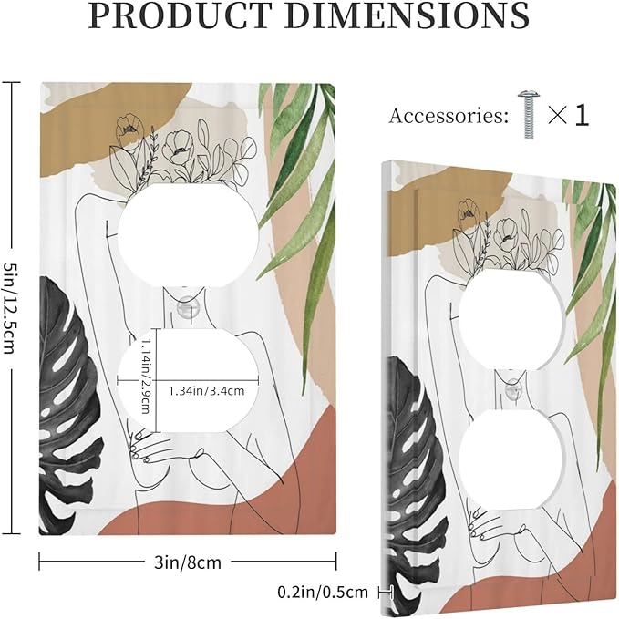 Mid Century Abstract Women Lady Boho Palm Leaf 1 Gang Outlet Plate Decorative Single Duplex Wall Plate Covers Unique Electrical Receptacle Light Switch Cover Art Faceplate Switchplate for Bedroom