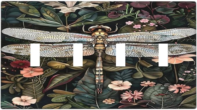 Vintage Dark Green Dragonfly Flowers Floral Botanical Light Switch Covers Quad Toggle Electrical Faceplate 4 Gang Wall Plate Decorative Switch Plates Cover for Farmhouse Home Decor