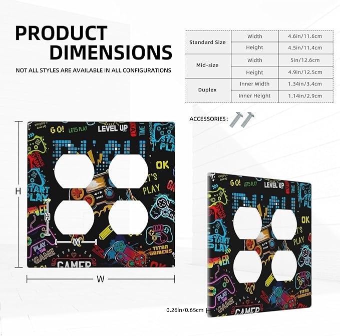 Gamer Video Game Themed Cool Controller Print Outlet Covers 2 Gang Double Duplex Decorative Light Switch Covers Electrical Wallplates Socket Faceplate for Kids Room Office Decor