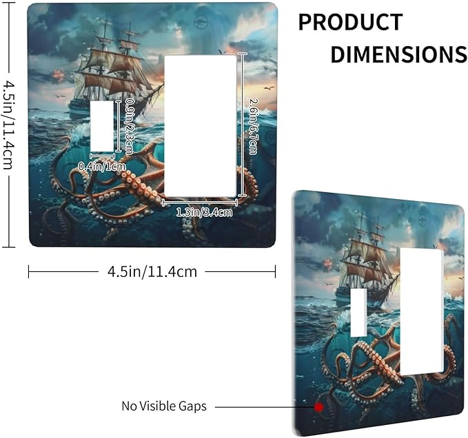 Light Switch Cover Plate Sailboat Ship Octopus Ocean Sea Waves 2 Gang Combo Wall Plates Toggle Rocker Decorative Switch Plates and Outlet Covers for Bathroom Bedroom Decor