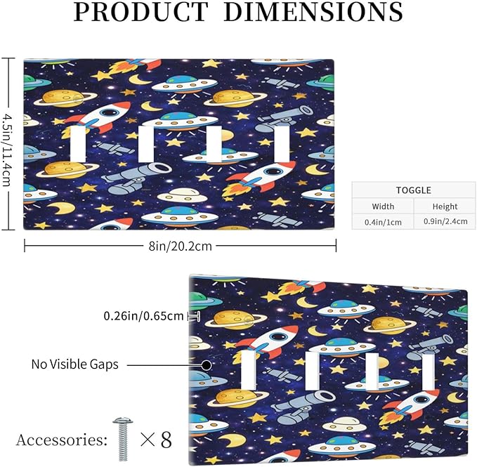 Decorative Light Switch Cover Plate Blue Space-themed Rocket Spaceship 4 Gang Wall Plates for Electrical Quad Toggle Switch Plate Covers Outlet Covers Faceplate for Children's Room Decor