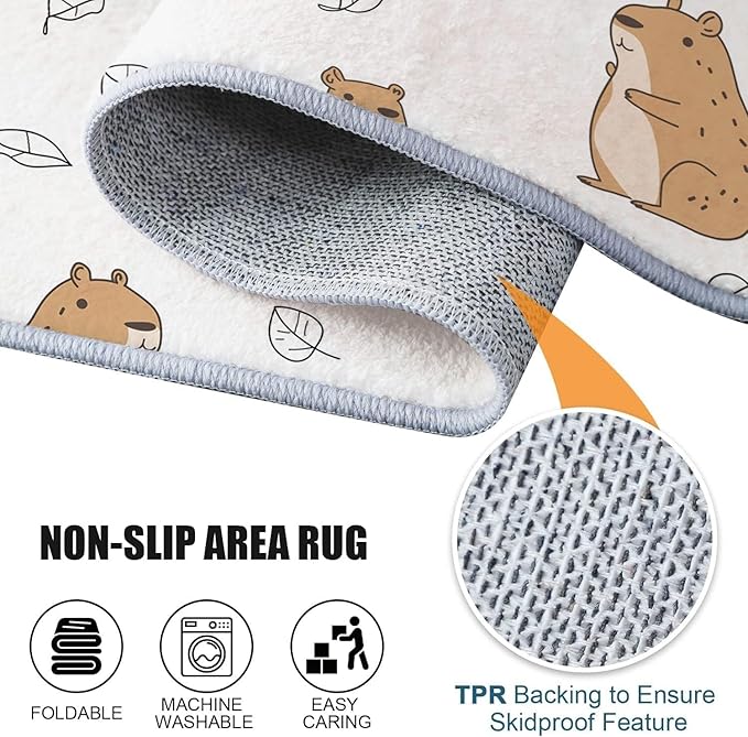 Cartoon Animal Capybara Rugs 3.3×4ft Non-Slip Soft Washable Area Rug for Nursery Kids Girls Boys Bedroom, Ultra-Thin Low Pile Carpet for Living Room Dorm Dining Room Decor