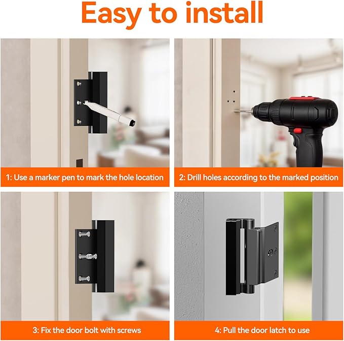 Tonitrui Home Security Door Reinforcement Lock for Front/Inward Swing Doors - Upgraded Reinforced 1200lbs Capacity, Night Kids Safety Metal Flip Deadbolt Latch (2Pack Black)