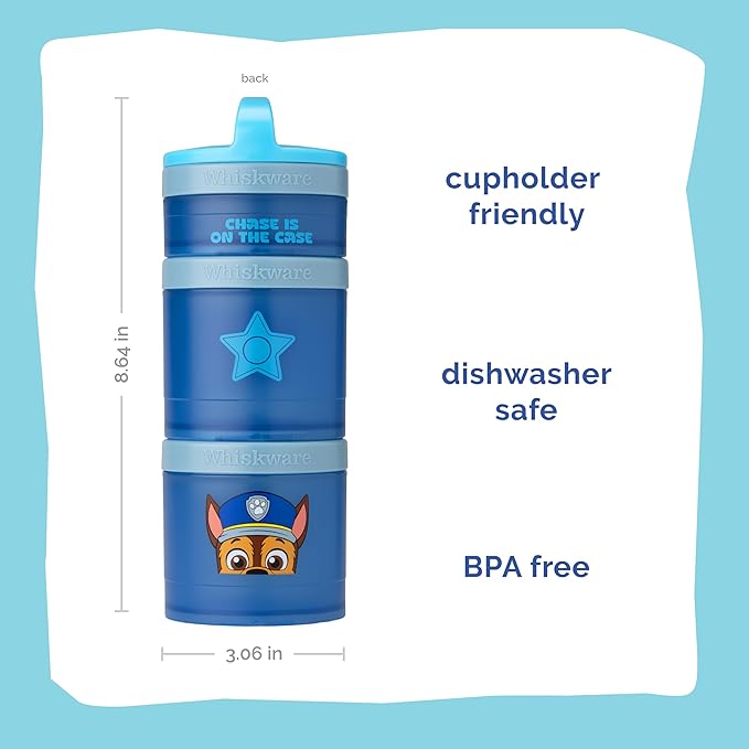 Whiskware Paw Patrol Stackable Snack Containers for Infants, Kids, and Toddlers, Durable Food Storage Containers for Daycare, Car, and Airplane Travel, Dishwasher Safe, Chase (Pack of 12)