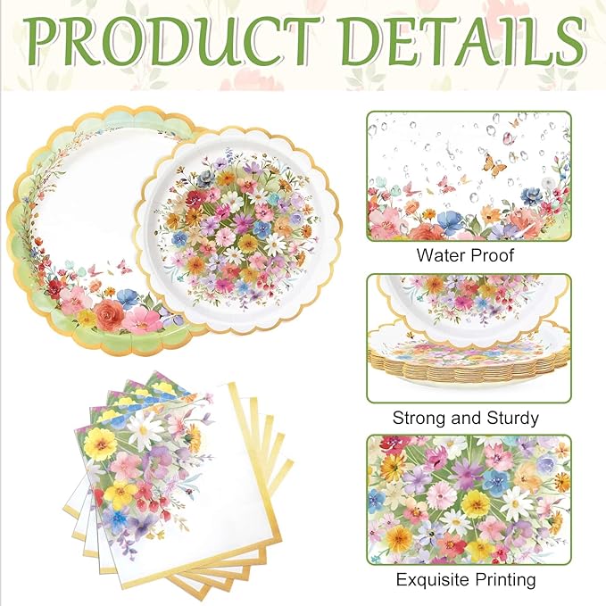 WERNNSAI Wildflower Party Decorations - 48PCS Floral Plates and Napkins Wildflower Tableware Set Spring Floral Party Supplies for Kids Girls Birthday Baby Shower Picnic Wedding Serves 16 Guests