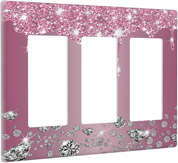 Sparkling Diamonds Pink Silver Glitter Drops Print 3 Gang Rocker Light Switch Covers Decorative Unique Triple Outlet Wall Plate Cover Faceplate Decorative Switchplate GFCI for Bathroom Decor