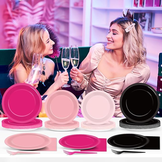 96Pcs Hot Pink and Black Party Supplies Black and Pink Paper Plates and Napkins Birthday Decorations Disposable Tableware Set for Women Girls Bachelorette Birthday Wedding Party Decorations Serves 24
