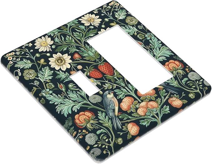 Light Switch Cover Plate Strawberry Birds Flowers Plant Morris Floral 2 Gang Combo Wall Plates Toggle Rocker Decorative Switch Plates and Outlet Covers for Bathroom Bedroom Decor