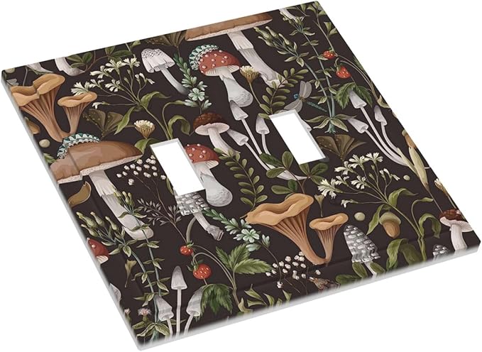 Funky Retro Vintage 70s 60s Boho Hippie Mushroom Botanical Floral 2 Gang Double Toggle Light Switch Wall Plate Outlet Cover Electrical Faceplate Switchplate Countryside Rural Bathroom Decor