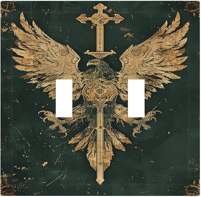 Medieval Retro Golden Eagle Totem Decorative Switch Plates 2 Gang Double Toggle Wall Plate Electrical Faceplate Outlet Light Switch Cover for Bedroom Living Room Decor
