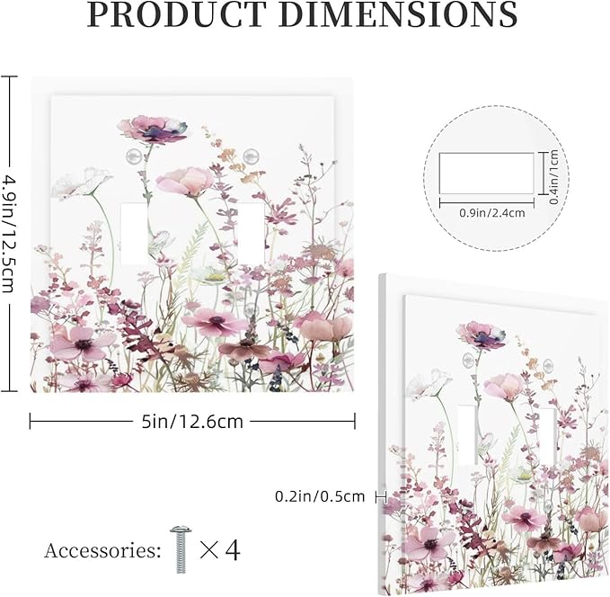 Floral Pink Watercolor Wildflowers Plant Flower Decorative Switch Plates 2 Gang Double Toggle Outlet Light Switch Cover Wall Plate Electrical Faceplate for Bedroom Living Room Decor