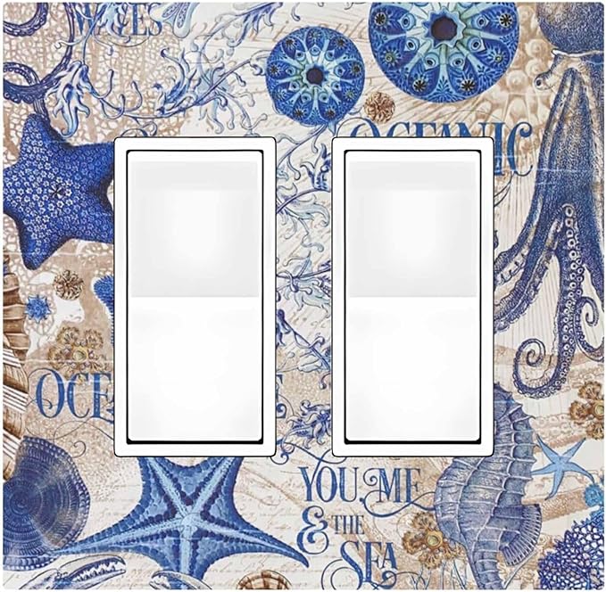 Decorative Outlet Covers Vintage Sea Blue Seahorse Starfish Octopus 2 Gang Double Gfci Rocker Electrical Wall Panels Light Switch Cover Plate For Kids Room Home Decor