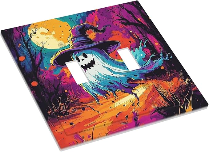Decorative Switch Plates Ghost Colorful Forest Moon Dead Tree 2 Gang Double Toggle Outlet Light Switch Cover Wall Plate Electrical Faceplate For Nursery Kids Room Decor