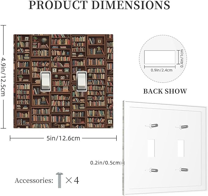 Vintage Library Bookshelf Double Toggle Switch Cover - 2-Gang Standard US Size Dark Academia Book Lover's Dream Light Switch Covers, Cozy Bookshelf for Study Room Decor