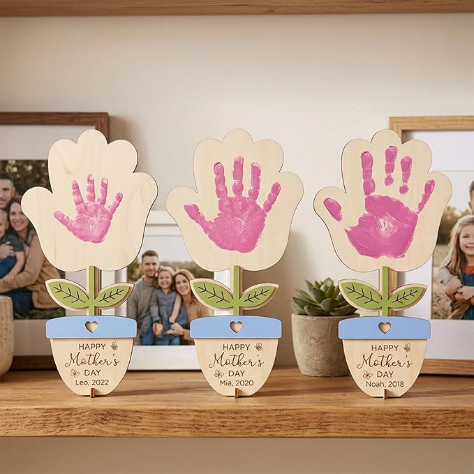 HYPERI DIY Mothers Day Crafts for Kids Handprint Art, Handprints Wooden Rose Flower Bouquet, Mothers Day Gifts for Mom from Kids, for Grandma from Grandkids, Mothers Day Keepsake Craft (Pot)