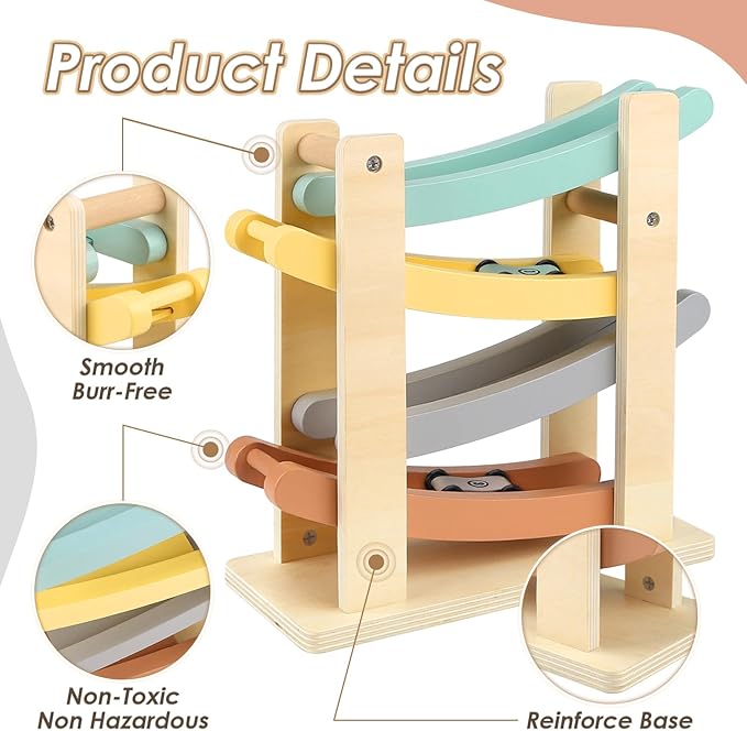 Joyreal Montessori Toddler Toys for 1 2 Year Old - 4 Level All-Wooden Car Ramp Racer Toys with 4 Mini Cars & Garages - Christmas Birthday Gifts for 1-3 Year Old Boys and Girls