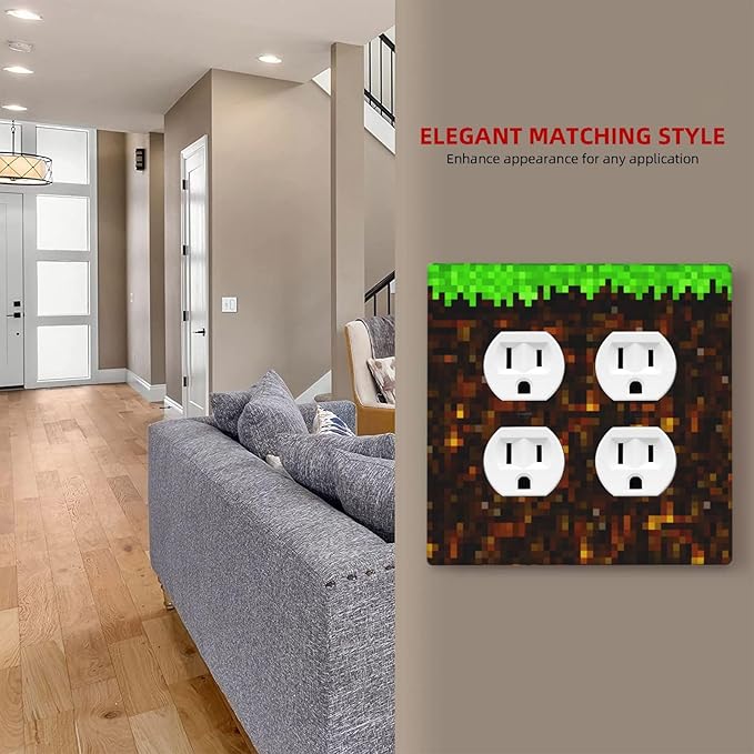 Outlet Covers Pixel Grass Block 2 Gang Decorative Light Switch Cover Double Duplex Wall Plates Switch Plates Electrical Socket Covers for Kids Room Home Decor