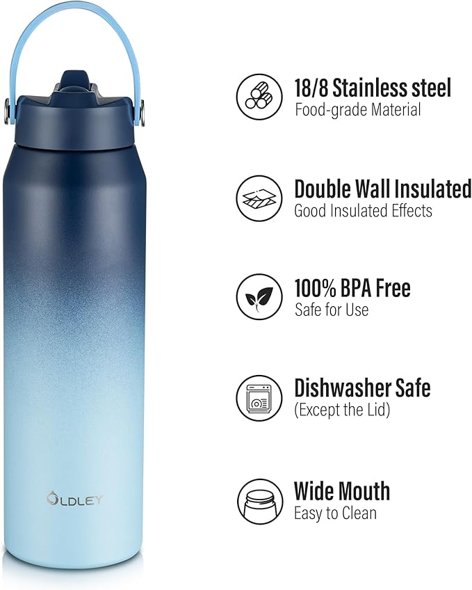 Oldley 32oz Insulated Water Bottle with Straw, Stainless Steel Water Bottle for Sports, Travel, School, BPA-Free Sports Bottles for Adult Kids, Leak-Proof, Blue Gradient
