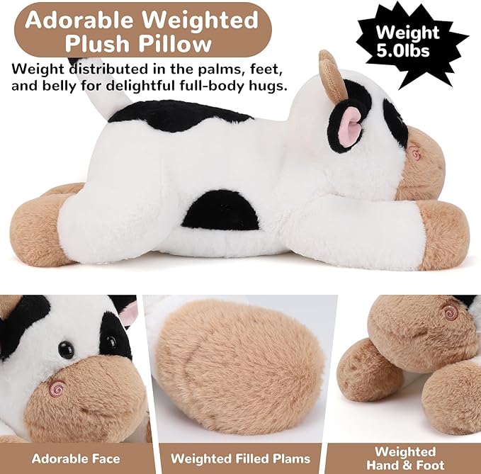 gnomantic Cow Weighted Stuffed Animals - 28 Inch 5.0 Pounds Weighted Plushies Cow Stuffed Animals - Large Plush Pillow - Cute Plush Toys Gifts for Kids & Adults (28" 5.0 lbs)
