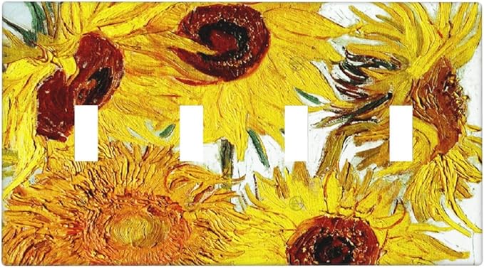Rustic Sunflower Oil Painting Vintage Flowers Light Switch Covers Quad Toggle Electrical Faceplate 4 Gang Wall Plate Decorative Switch Plates for Bed Room Living Room Decor