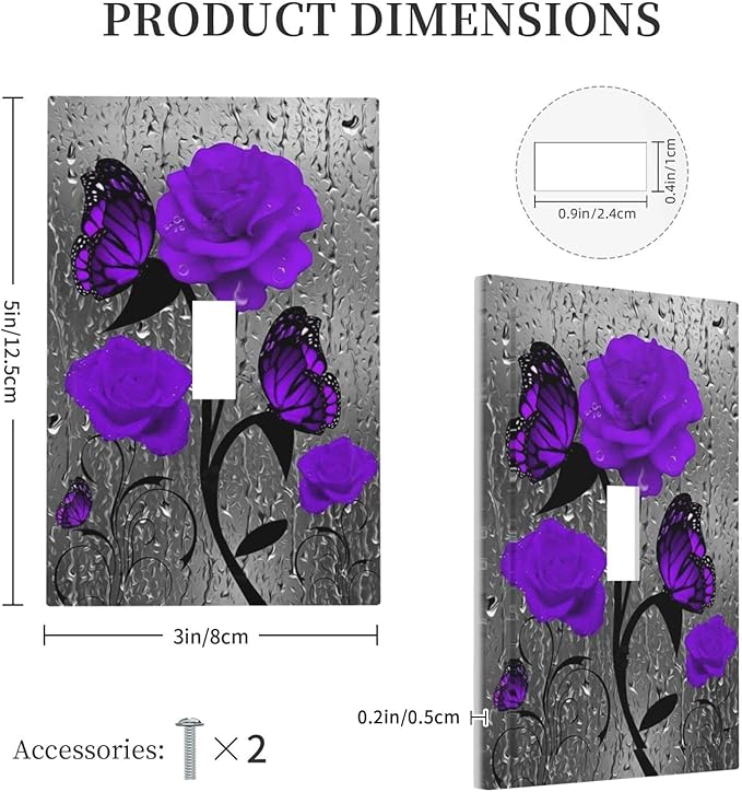 Bathroom Purple Rose Light Switch Cover 1 Gang Single Toggle Wall Plate Cover Butterfly Valentine's Day Elegant Violet Pretty Flower Faceplate Switchplate Girls Women Bedroom Room Art Panel Decor