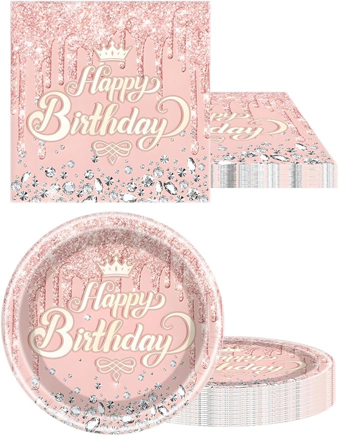Pink Rose Gold Party Tableware set,Pink Happy Birthday Theme 20 Plates and 20 Napkins and Tablecloths 71 '' x 42 '' for Girls Women Silver Glitter Birthday Party Supplies