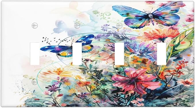 Light Switch Cover Plate Watercolor Colorful Floral Butterflies Wildflowers 4 Gang Quad Toggle Decorative Switch Plates Electrical Wall Plates Faceplate for Bathroom Bedroom Decor