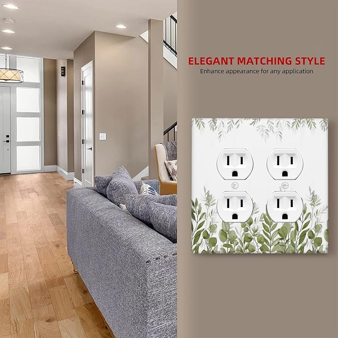 Green Eucalyptus Plant Leaves Vine Outlet Covers 2 Gang Double Duplex Decorative Light Switch Covers Electrical Wallplates Socket Faceplate for Bed Room Living Room Decor