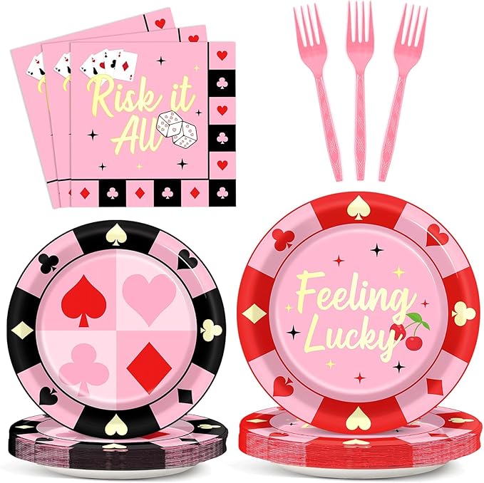 96 Pcs Casino Paper Party Plates and Napkins for Las Vegas Themed Party Supplies Casino Night Poker Dessert Tableware Set for 24 Guests Las Vegas Birthday Bachelorette Party Decorations