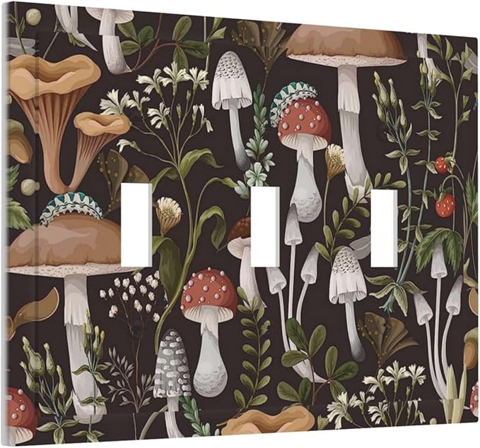 Cute Funky Black Boho Hippie Bohemian Mushroom Vintage Aesthetic Botanical Plant Floral Leaves 3 Gang Three Device Mid Size Plug Socket Wall Plate Triple Toggle Outlet Light Switch Plate Cover Dimmer