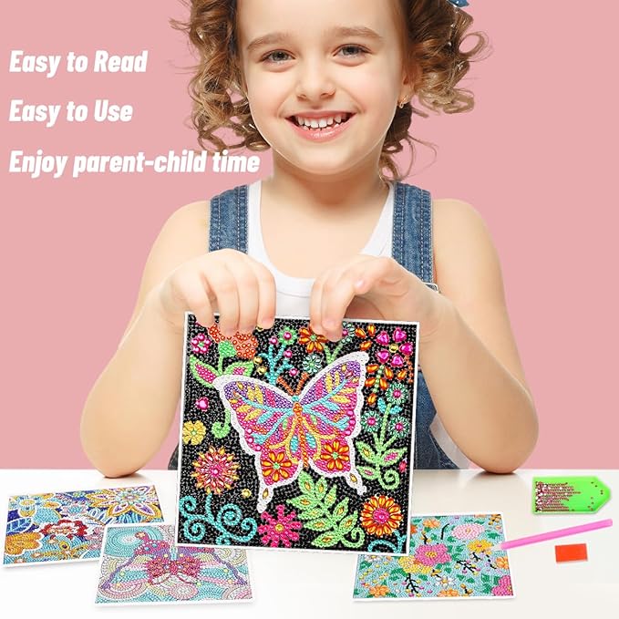ZUYUSUT 4 Pack Cute Butterfly Flower Diamond Art Painting Kits for Kids Girls Ages 3-12 Art Crafts 5D Mosaic Gems Paint Sets by Number Kits for Kids Girls for Home Office Wall Decor