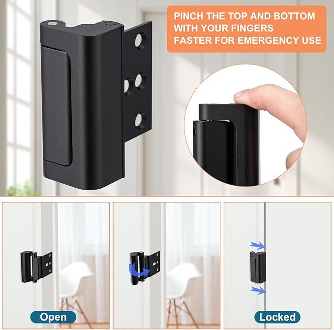 Husfunov 2 Pack Home Security Door Lock,Childproof Door Reinforcement Lock,with 3" Stop Withstand 800 lbs,for Inward Swing Doors,Night Kids Safety Metal Flip Lock Deadbolt Latch (Black)