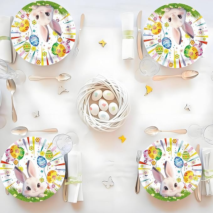 72 Pcs Easter Paper Plates 7in Disposable Bunny Dessert Plates Napkins and Forks Easter Party Tableware Set Decoration Supplies for Spring Birthday Baby Shower Party, Serve 24