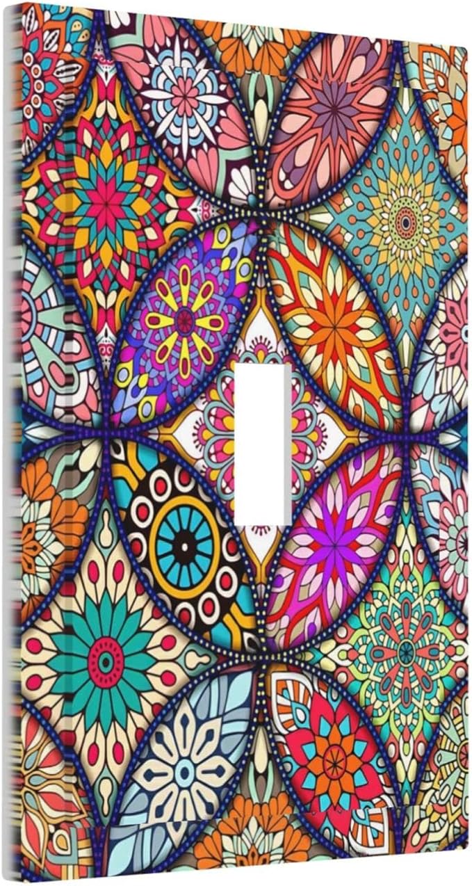Bohemian Single Toggle Wall Plates Switchplate Covers Decorative 1 Gang Light Switch Covercolorful Vintage Floral Mandala Flower Faceplate for Kitchen Living Room Accessories Decor