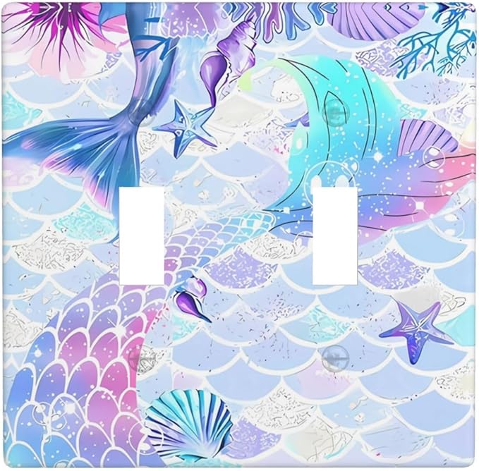Mermaid Girl Light Switch Cover Plates Decorative 2 Gang Double Toggle Wall Plate Electrical Switchpalte Faceplate for Kid Bedroom Home Bathroom Decor 4.5" x 4.5"