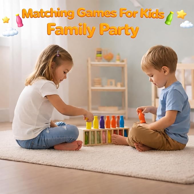 Match The Bottle Color Game, Fun Family Board Game for Kids and Adults 2–4 Players, Bottle Flip Challenge Toy for Travel, Camping, Holidays, Celebrate Birthday Party, Backyard Night (Large, wooden)