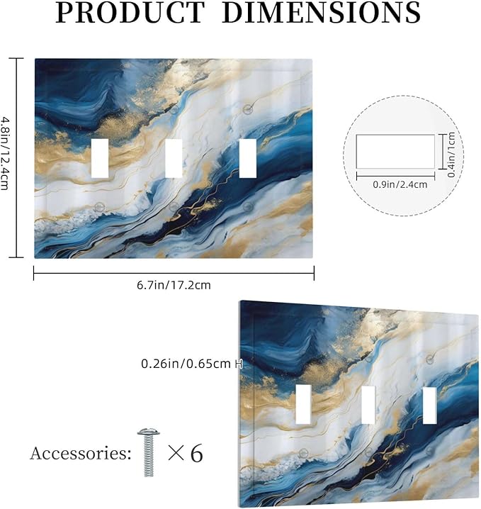 Abstract Blue Granite Luxury Watercolor Marble Texture Print 3 Gang Light Switch Covers Decorative Unique Triple Toggle Wall Plate Electrical Faceplate Switchplate for Bathroom Bedroom Decor