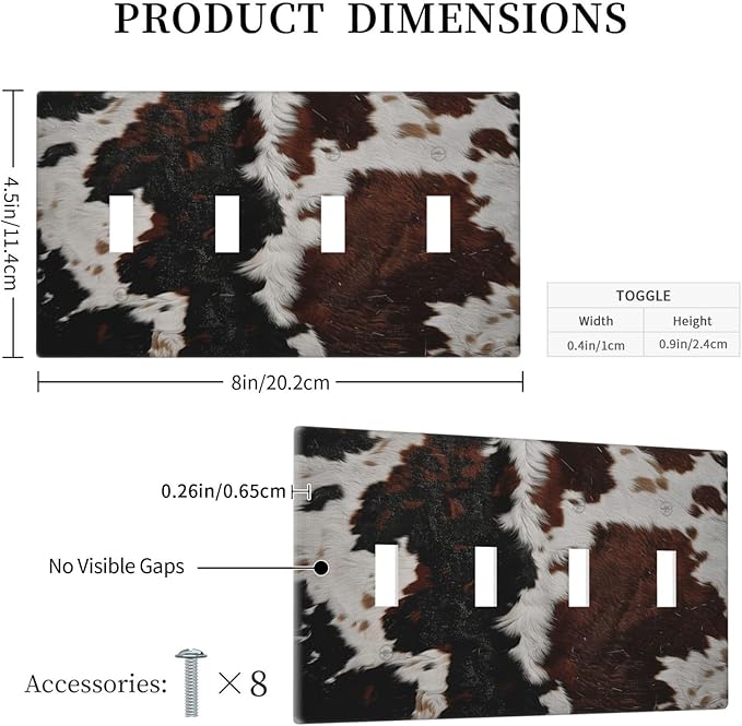 Cowhide Print Abstract Animal Fur Rustic Light Switch Covers Quad Toggle Electrical Faceplate 4 Gang Wall Plate Decorative Switch Plates Cover for Farmhouse Home Decor