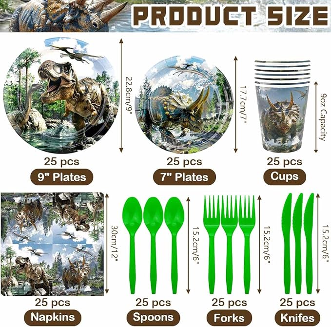 175 Pcs Dinosaur Party Birthday Supplies Dino World Themed Tableware Set Includes Plates Napkins Cups Knives Fork Spoon for Boys Kids Dinosaur Party Supplies Decorations Serve 25 Guests