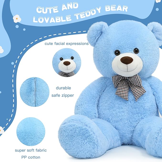 Toys Studio Big Blue Teddy Bear 47 Inch Giant Teddy Bear 4ft Tall, Stuffed Animal for Girls Women Christmas Valentine's Day Large Plush Toy for Kids Baby Shower Party Decorations