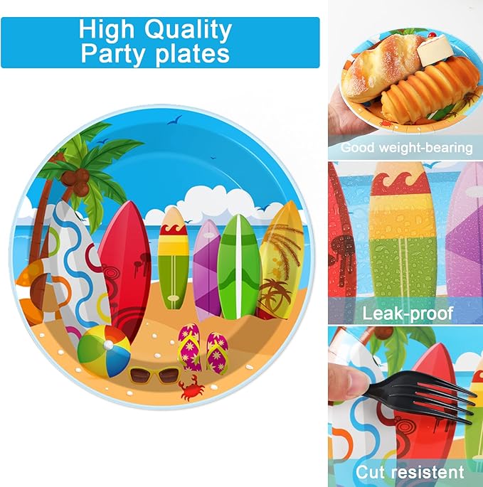 100 Pcs Summer Beach Surfing Party Paper Plates Napkins Supplies for Pool Surfs up Surfboard Theme Birthday Party Decorations Luau Bbq Picnic favors Disposable Dinnerware Plate Serves 25