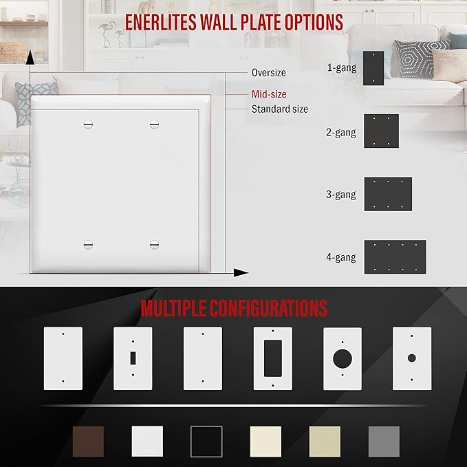 ENERLITES Blank Device Wall Plate, 2-Gang 4.88" x 4.92", Mid-Size, Unbreakable Polycarbonate Thermoplastic, UL Listed, 8802M-W, White, 2-Gang Mid Size (Pack of 2)