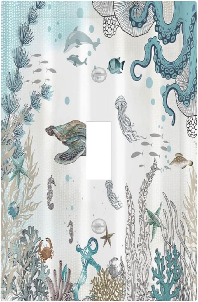 Sea Turtle Octopus Ocean Underwater Animal 1 Gang Light Switch Covers Decorative Unique Single Toggle Wall Plate Switchcover Electrical Switchplate for Kitchen Bathroom Bedroom Decor