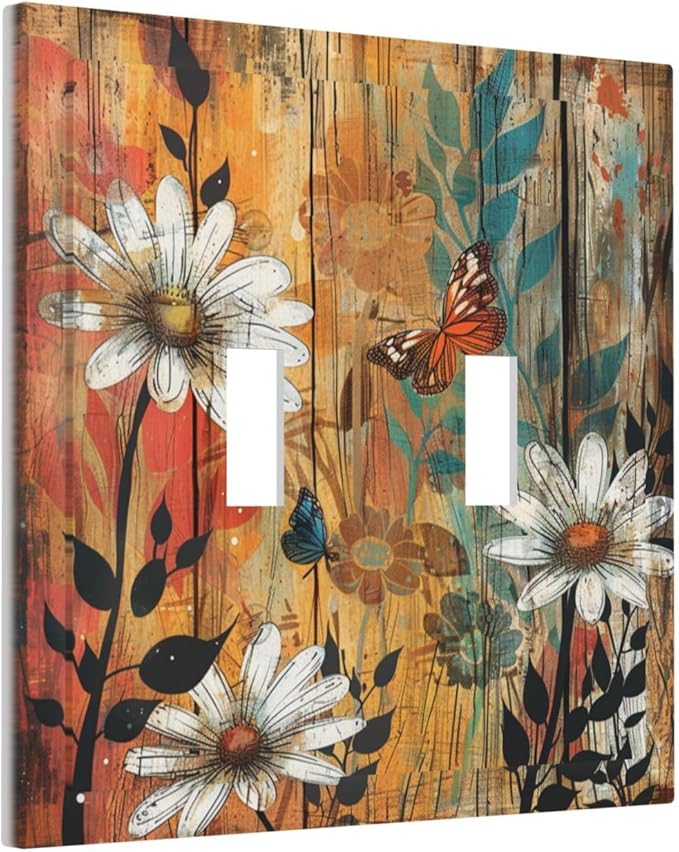 Light Switch Cover Plate Vintage Wooden Daisies Butterflies Floral 2 Gang Double Toggle Decorative Switch Plates Wall Plates Electrical Faceplate for Bathroom Farmhouse Decor