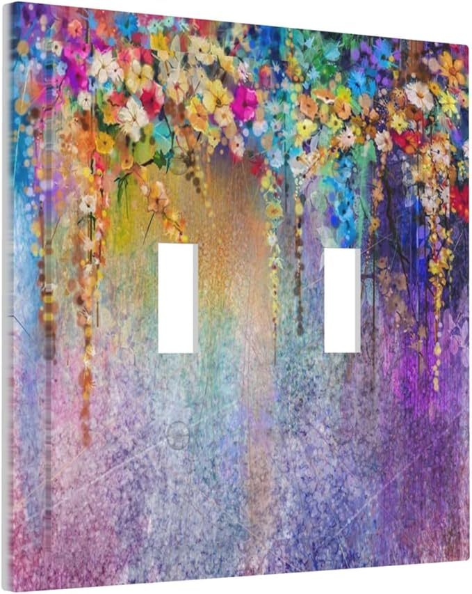 Colorful Floral Watercolor Flower Double Toggle Light Switch Cover Decorative Purple Garden 2 Gang Wall Plate Electrical Faceplate Switchplate for Farmhouse Bathroom Bedroom Living Room Decor