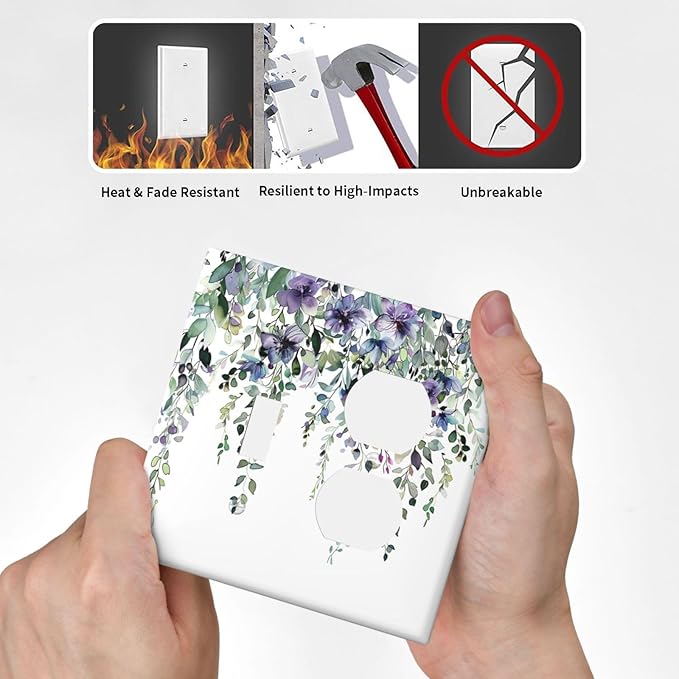 Outlet Covers Blue Purple Eucalyptus Leaves Boho Botanical 2 Gang Decorative Switch Plates 1 Toggle Duplex Combo Light Switch Cover GFCI Socket Cover WallPlates for Bathroom Home Decor